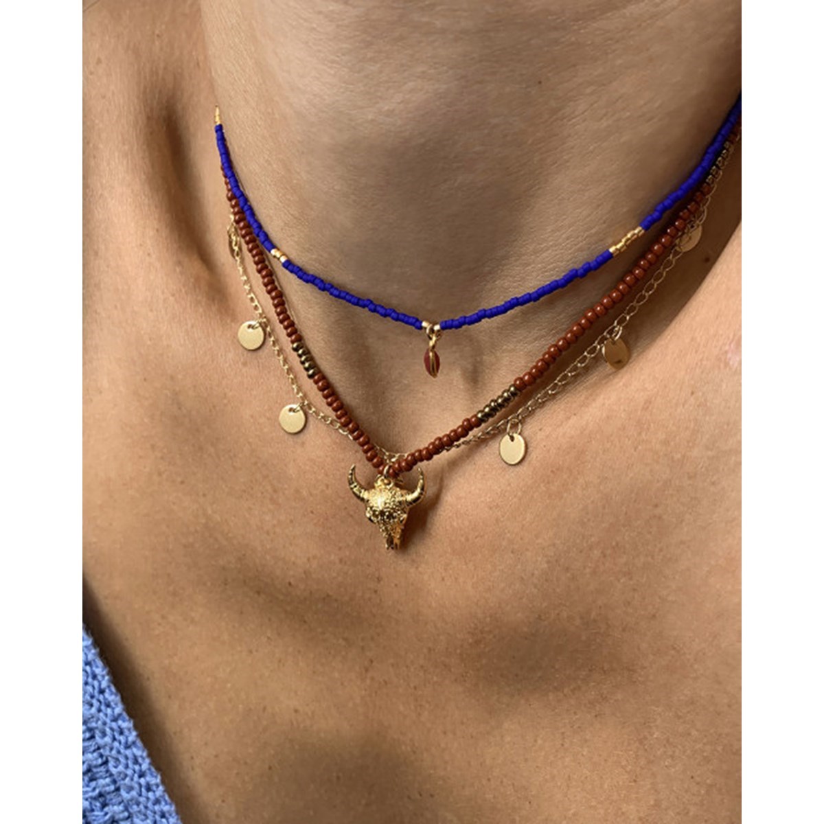 Collier perles terre de sienne taureau or fin 24k ARIZONA