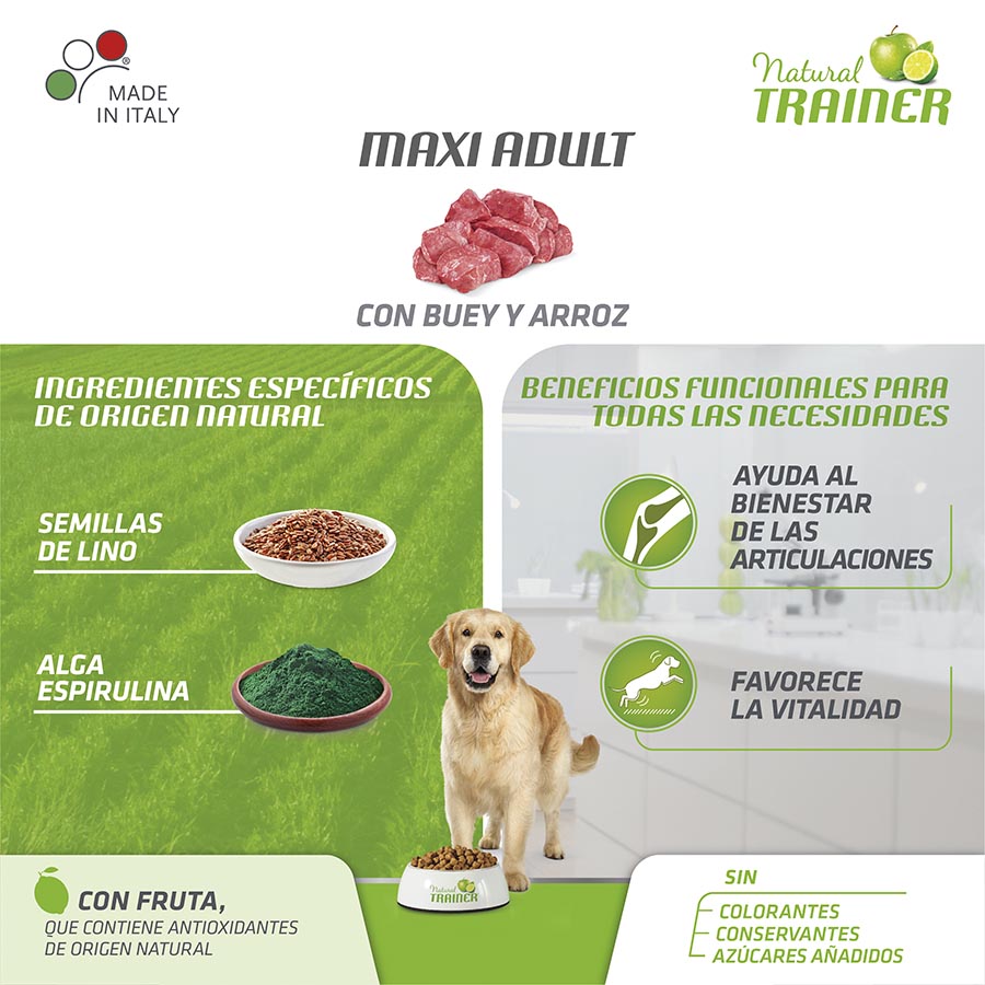 Ração Natural Trainer Adult Maxi para cães, sabor carne e arroz, 12 kg.
