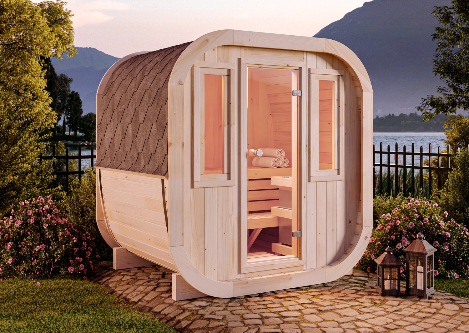 FinnTherm ScandiCube Mini XS Barrelsauna met 2 houten banken, wanddikte 42 mm, buitensauna met bevestigingsmateriaal, 2 ramen, natuurlijke afwerking, 2,1 x 1,6 m