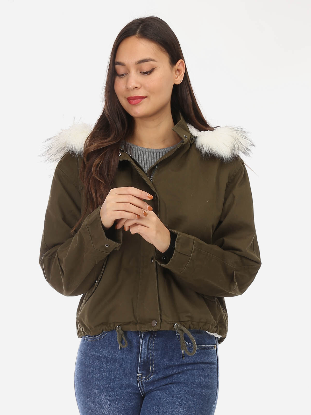 Parka courte fourrée à capuche- Kaki