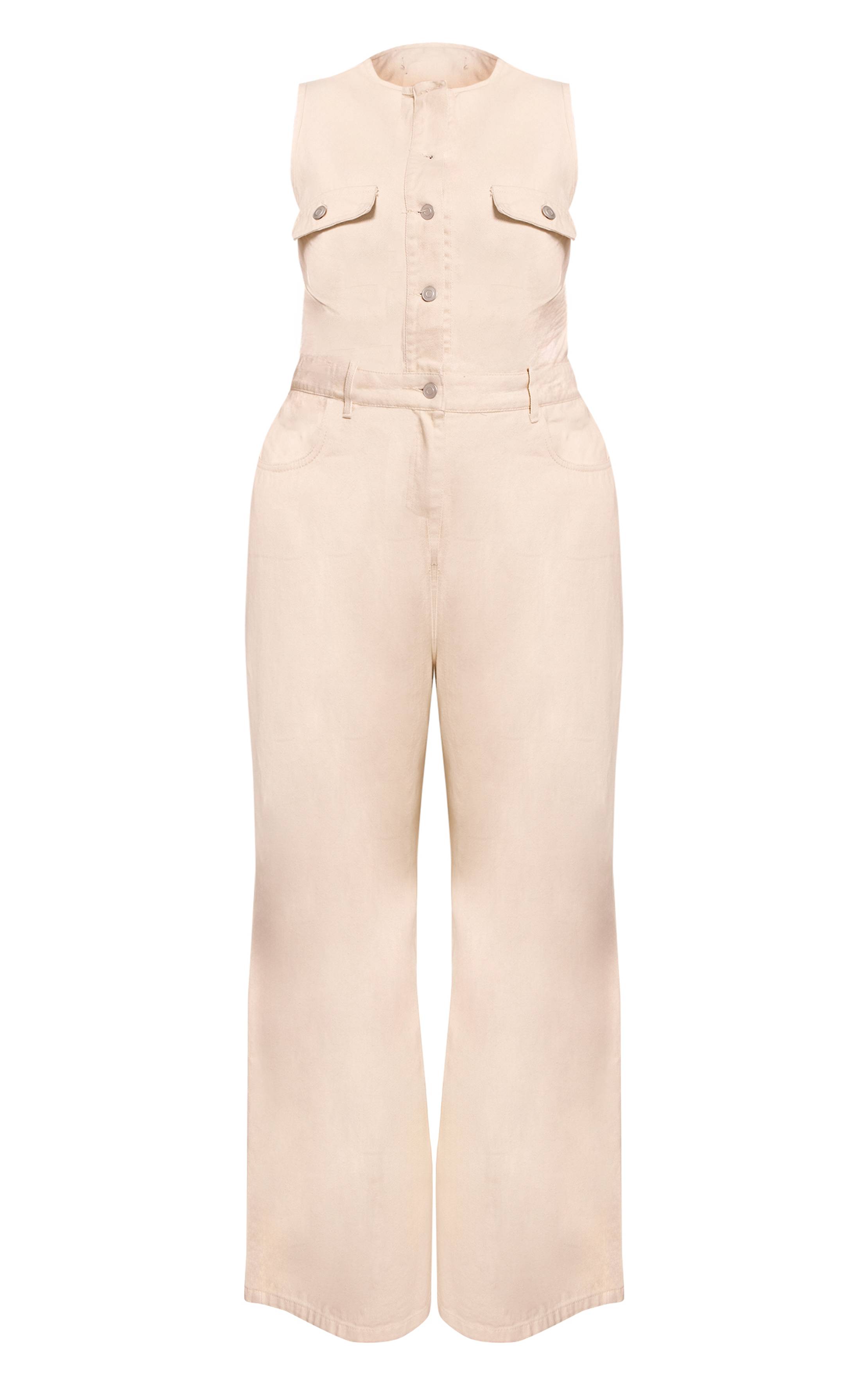 Ecru Combinaison-pantalon En Denim Sans Manches Grande Taille