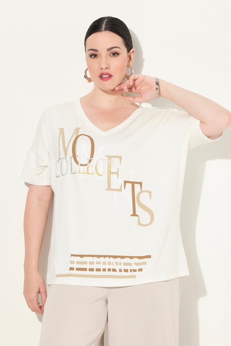 T-Shirt, Schriftmotiv, V-Ausschnitt, Halbarm