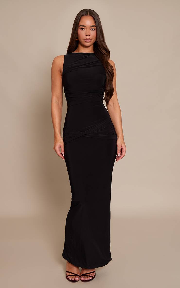 Noir Robe Maxi Portefeuille Froncée En Tissu Slinky
