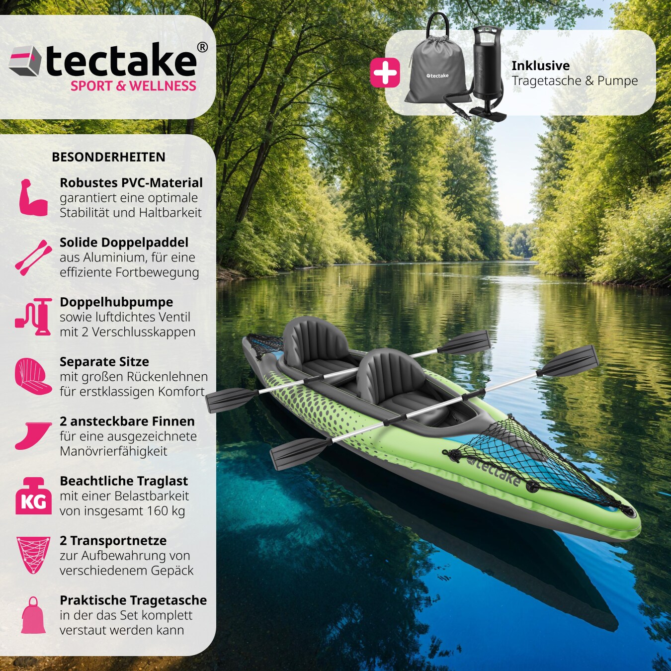 tectake® Zweierkajak, aufblasbar, robust und leicht, Belastbarkeit 160 kg, 96 x 350 x 47 cm