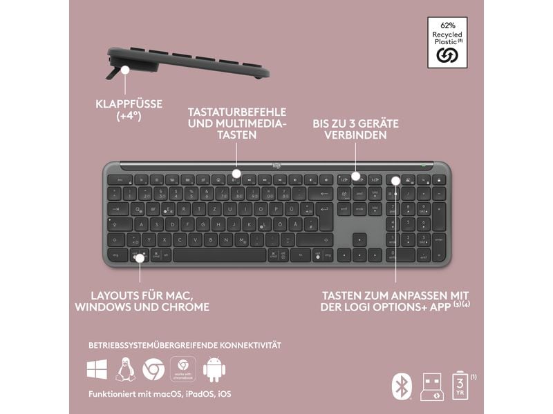 Logitech Tastatur-Maus-Set MK950 Signature Slim Combo Kabelloses Tastatur-Maus-Set mit geräuscharmen Tasten