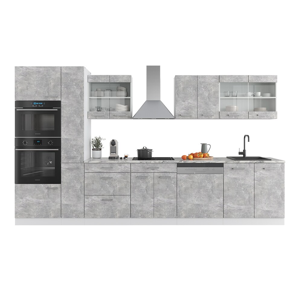 Vicco Küchenzeile Küchenblock Einbauküche R-Line 350 cm Weiß Beton Küche