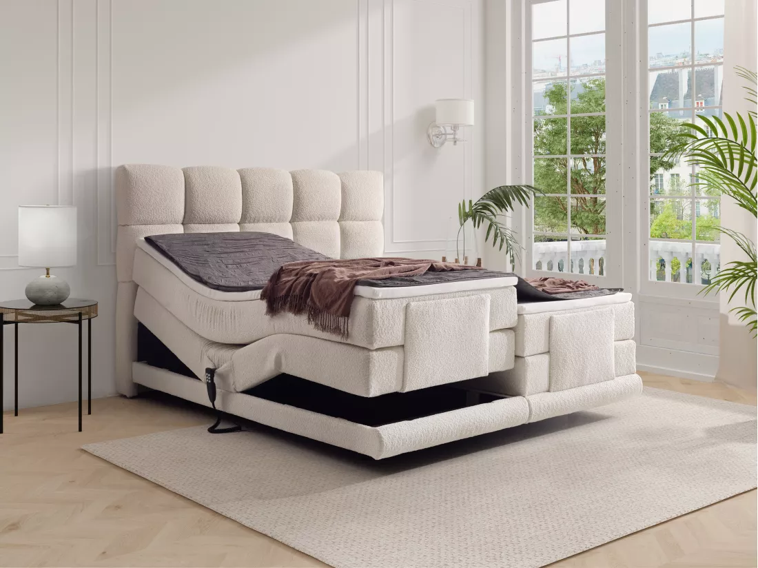 Ensemble complet boxspring tête de lit + sommiers relaxation électrique + matelas + surmatelas - 2 x 80 x 200 cm - Tissu bouclette - Beige - OMILA de PALACIO