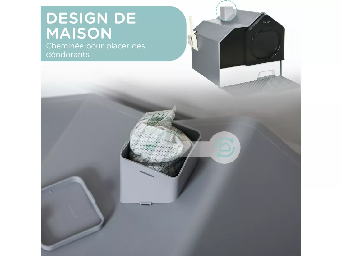 Maison de toilette chat design maison - bac à litière - tapis, poignée, pelle, filtre, tiroir inclus - PP blanc noir gris