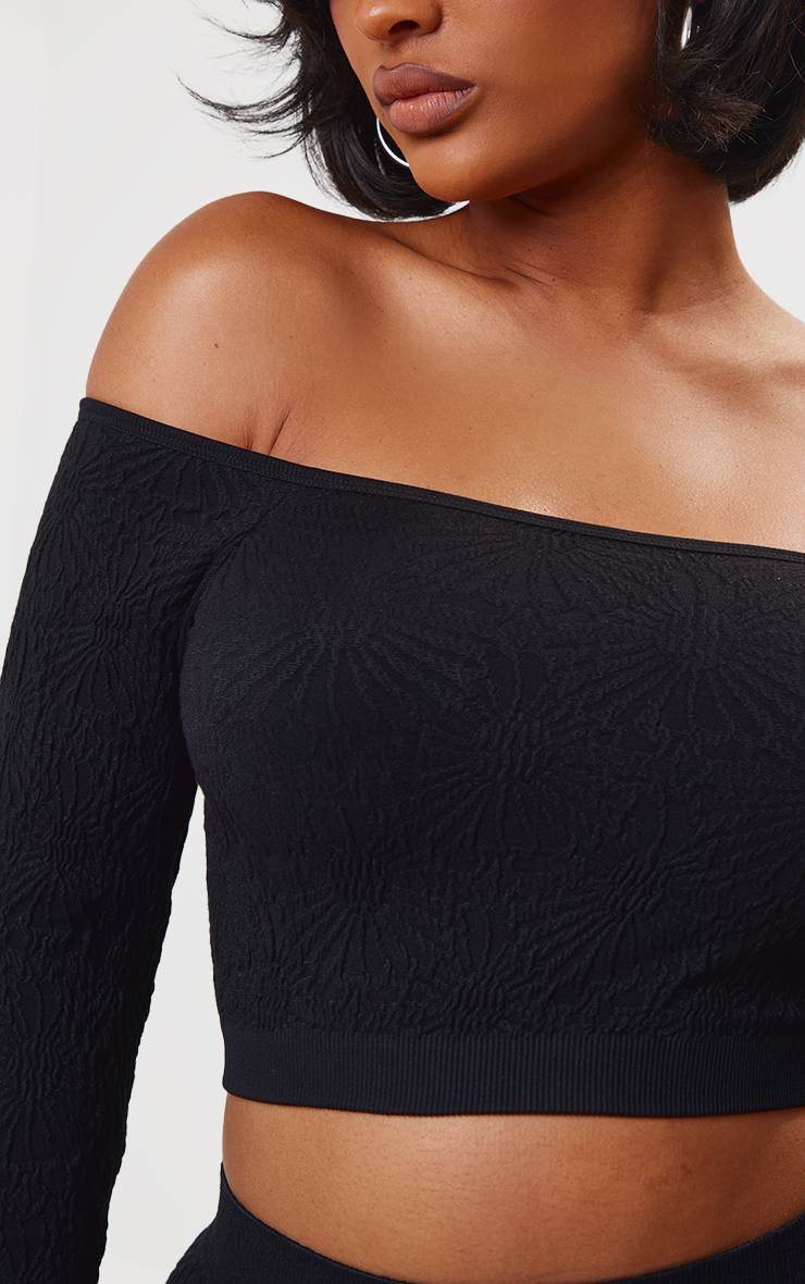 Noir Top Court Bardot À Manches Longues Texturé Sans Couture Shape