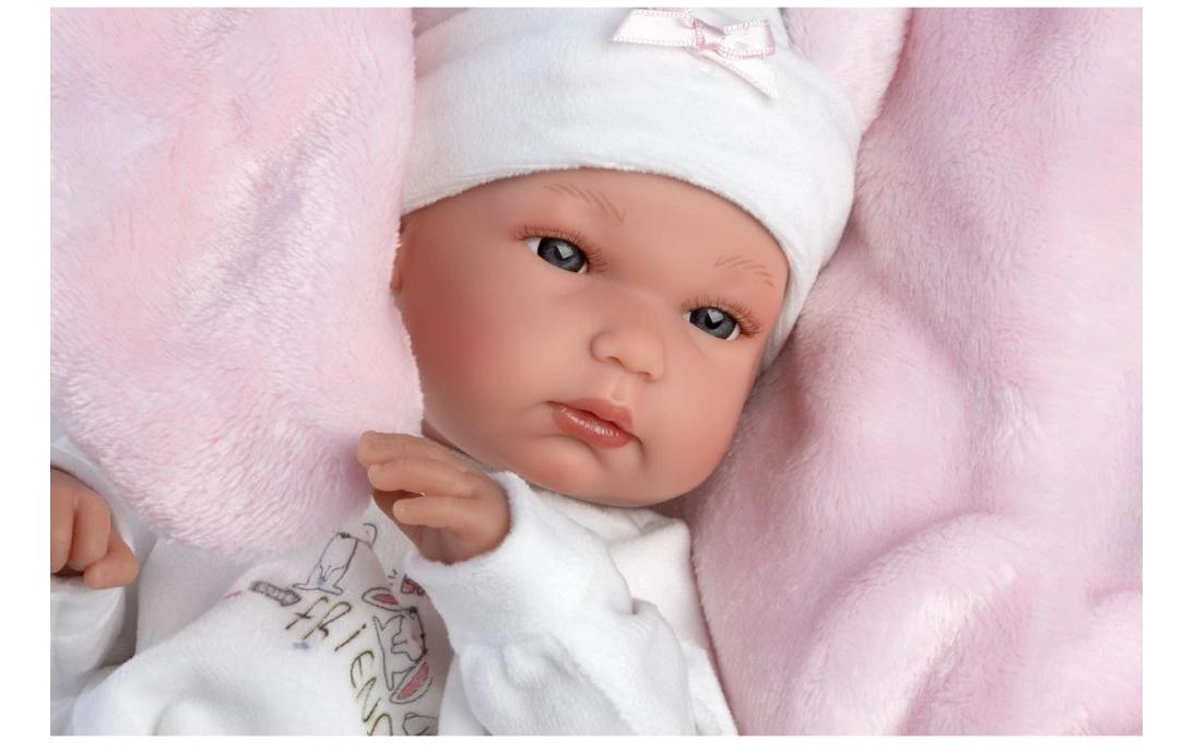 Babypuppe Bimba rosa mit Hasendecke 35 cmNew Born Puppe, komplett aus zartem Vinyl