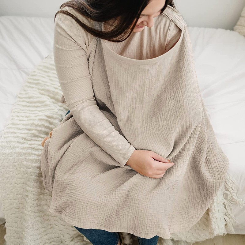 (95x75cm) Baumwoll Baby Stilltuch Musselin Sichtschutz Stillschal Decke zum Umhängen - Beige