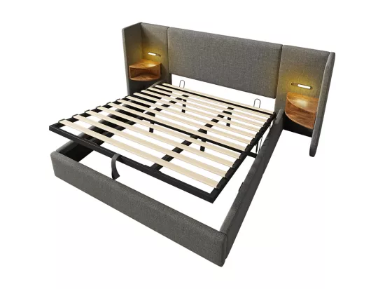 Lit double capitonné (180 x 200) avec tête de lit, liseuse et chargeur USB Type-C, cadre en bois massif et métal, gris, lin (matelas non inclus).