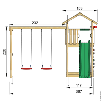 Speeltoestel Jungle Gym Cottage grenen geïmpregneerd met glijbaan donker groen en 2-schommel module