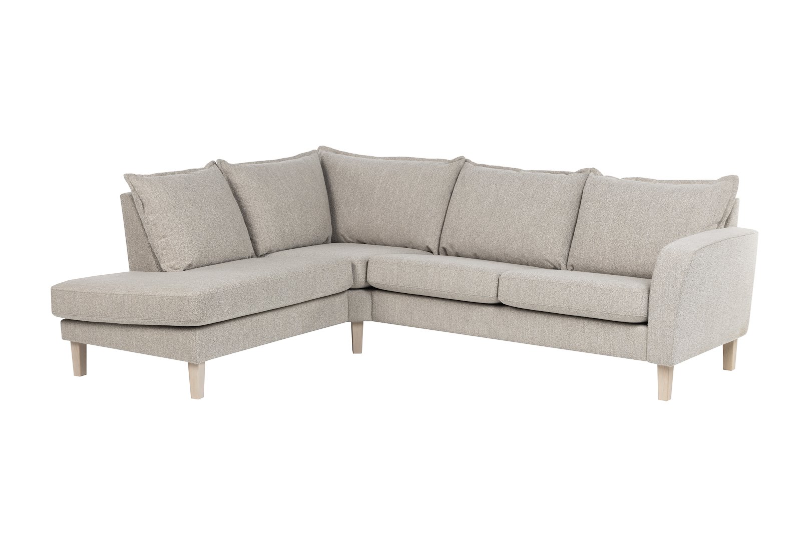 Slogen hjørnesofa Oppsett AV. 2,5-seter med åpen ende venstre. Tekstil Dragon Sand med soft ryggpute. Vange A og hvitpigmentert ben 178.