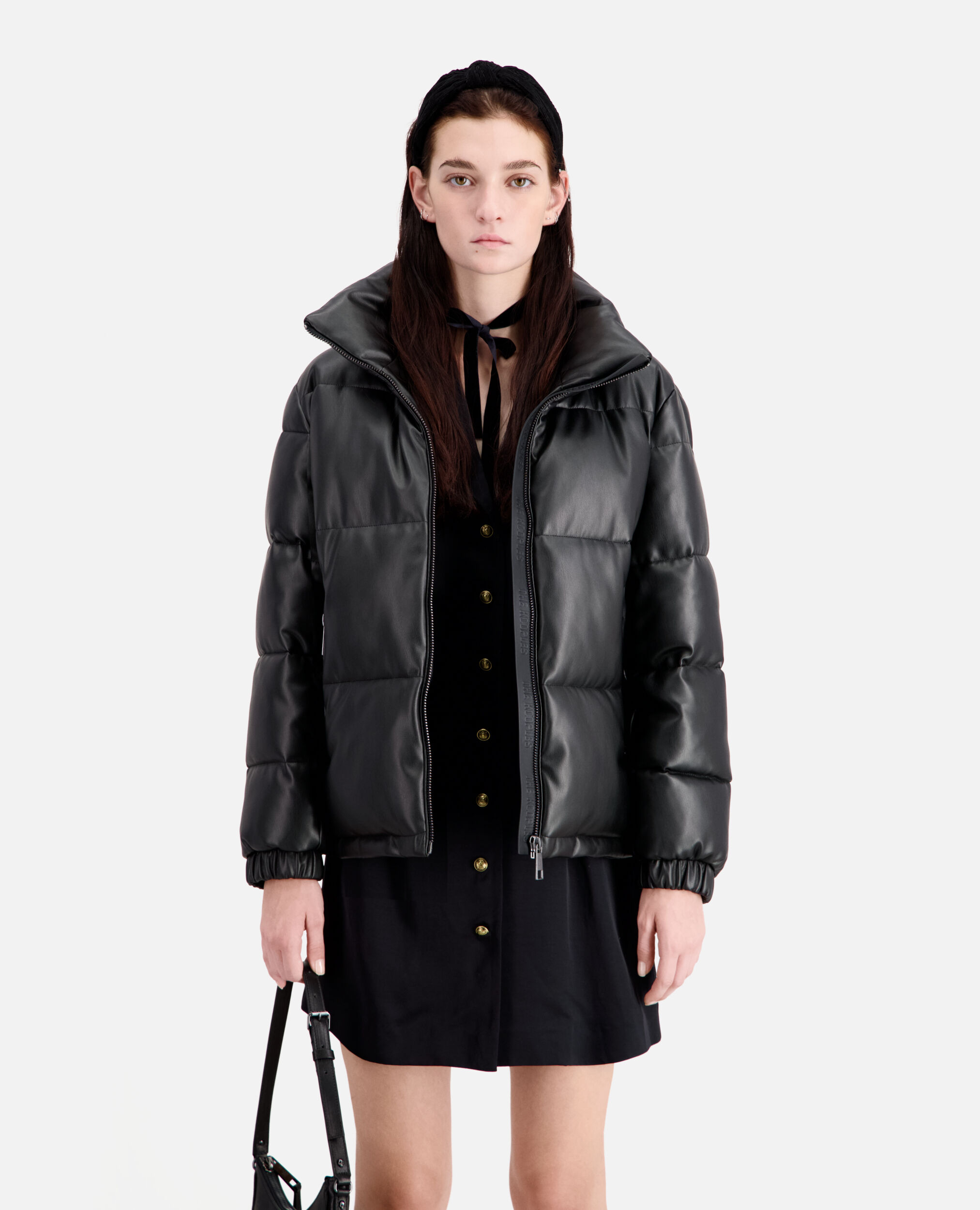 Black faux leather puffer jacket