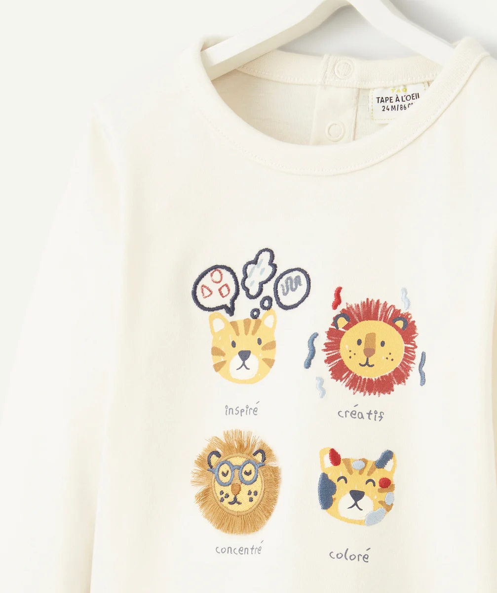 T-SHIRT BÉBÉ GARÇON EN COTON BIO ÉCRU AVEC TIGRES ET MESSAGES