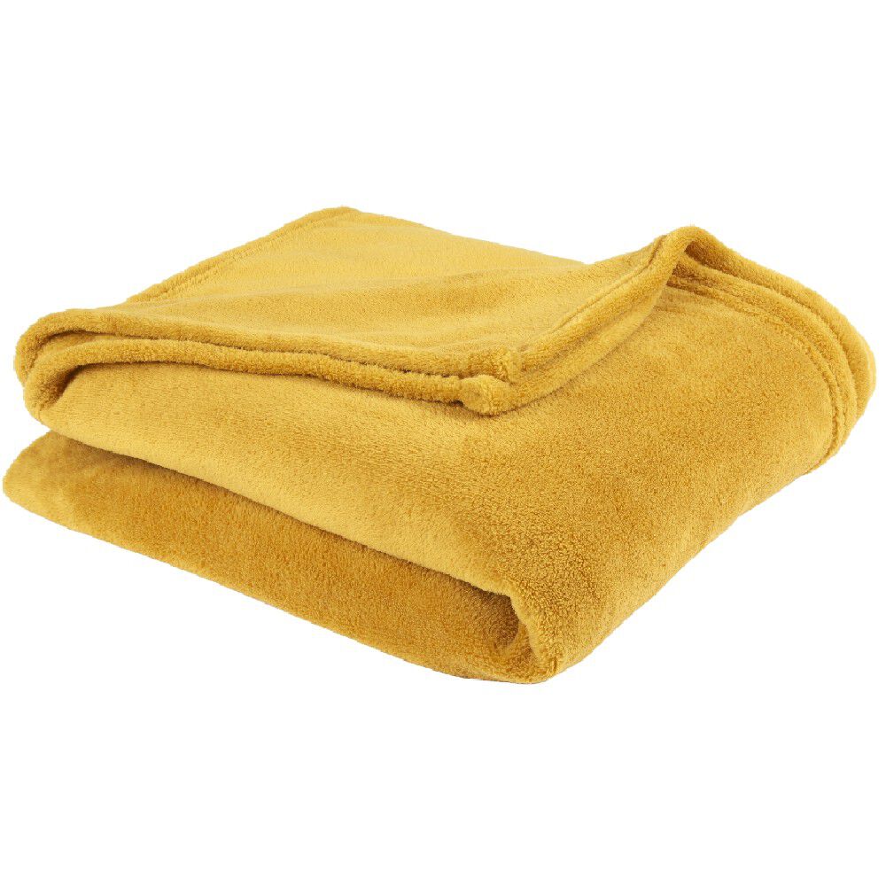 Plaid polyester 1 place uni jaune moutarde