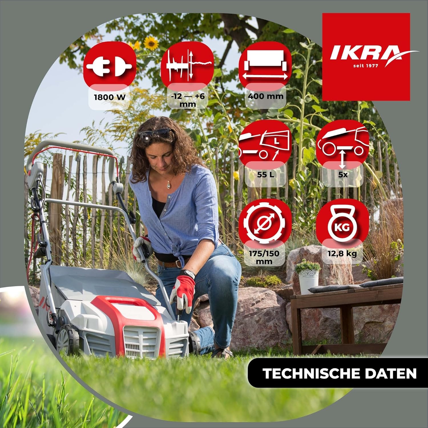 IKRA Elektro Vertikutierer Rasenlüfter IEVL 1840 Fangkorb 55l Arbeitsbreite 40cm Arbeitstiefe einstellbar 1.800W Grau/Rot/Schwarz