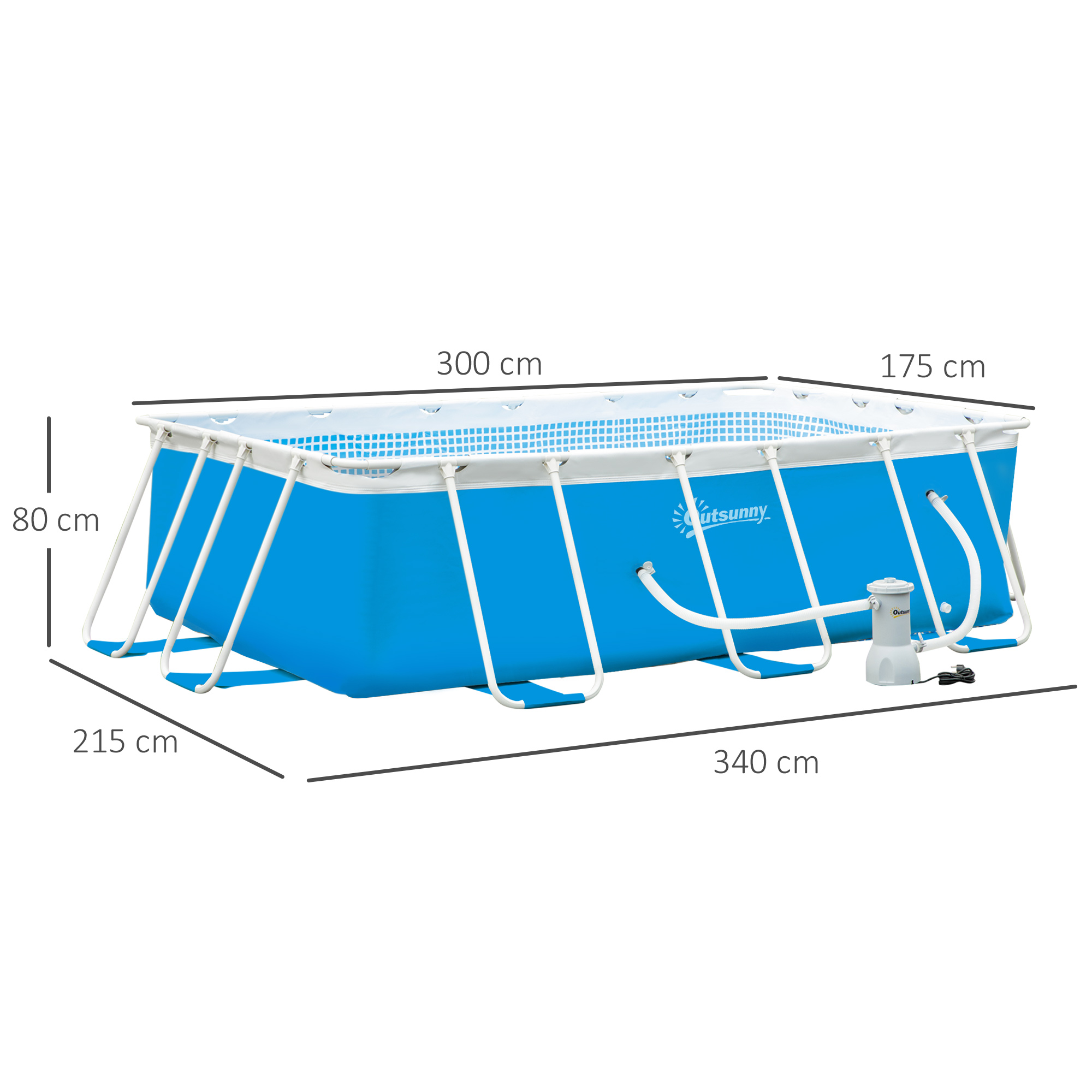 Piscina tubular retangular Outsunny de 340x215x80 cm para uso externo, com bomba de filtro de cartucho de 4.000 L/h, mangueiras de 100 cm de comprimento e estrutura de aço de 4.200 L, azul.