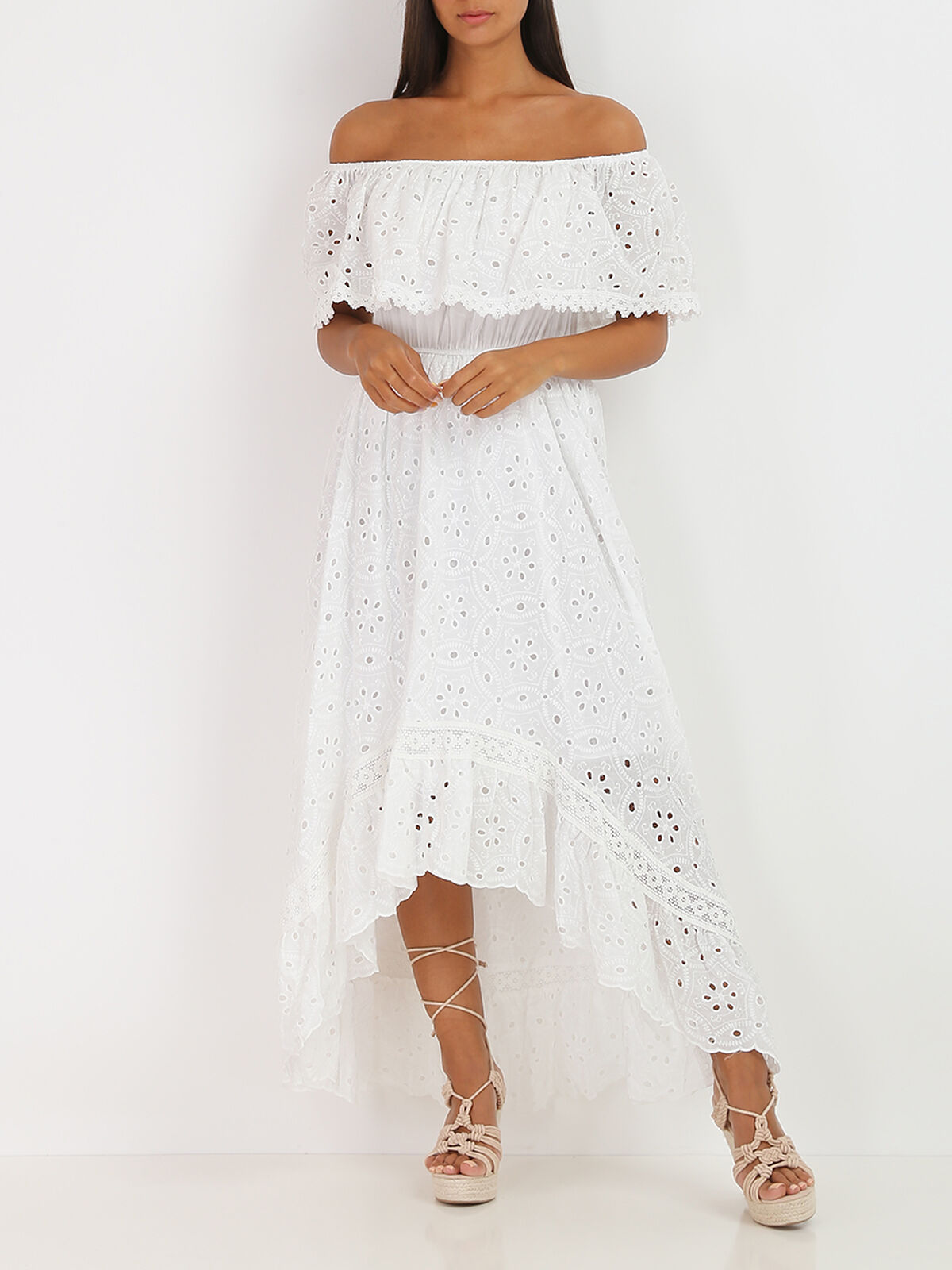 Robe longue asymétrique à broderie anglaise- Blanc