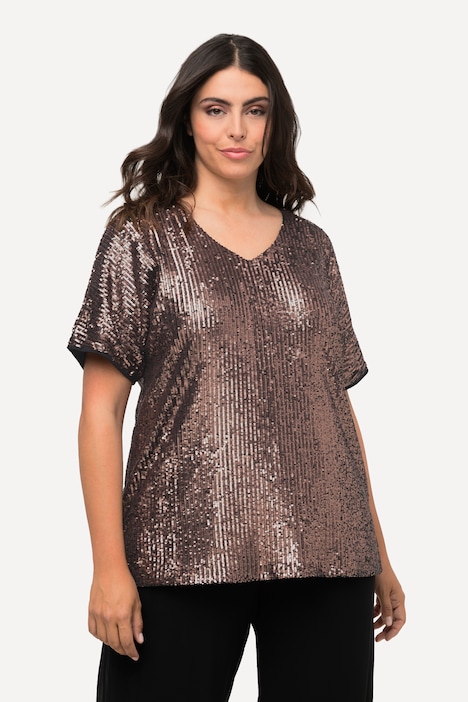 Pailletten-Shirt, Oversized, V-Ausschnitt, Halbarm