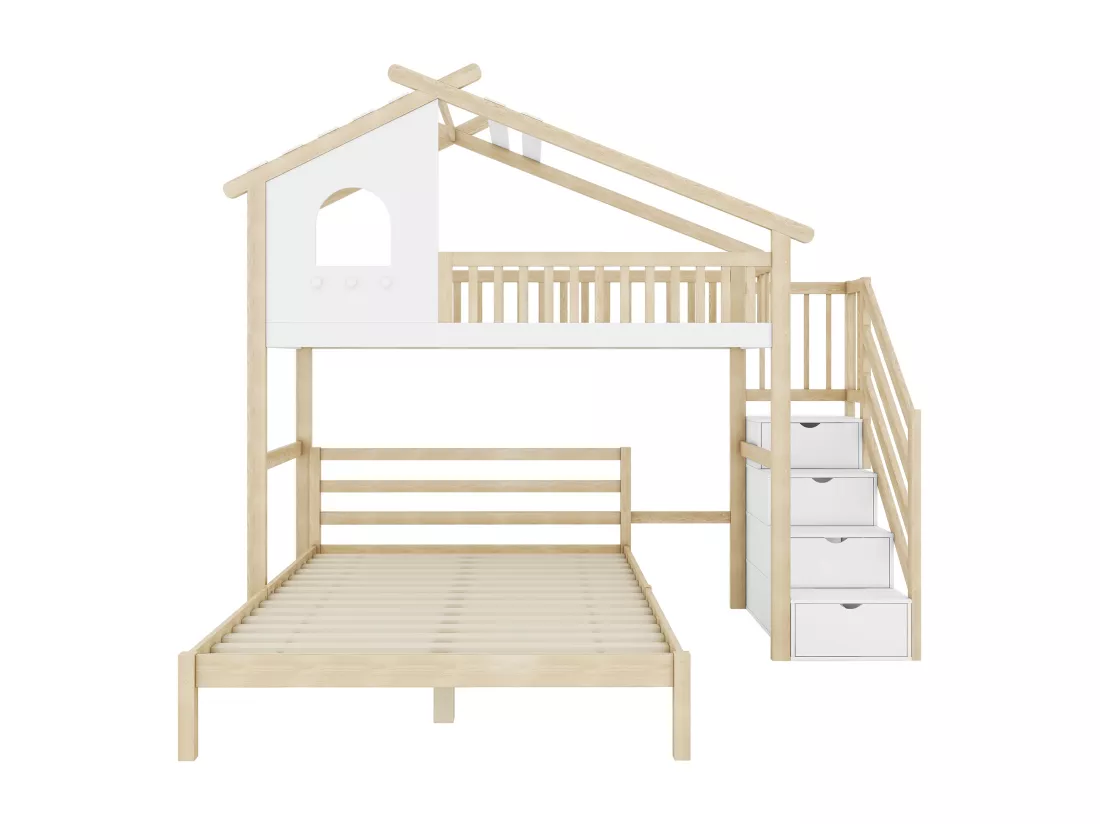 Lit superposé en bois de pin - 90x200cm + 140x200cm - avec échelle de rangement - Blanc & Naturel