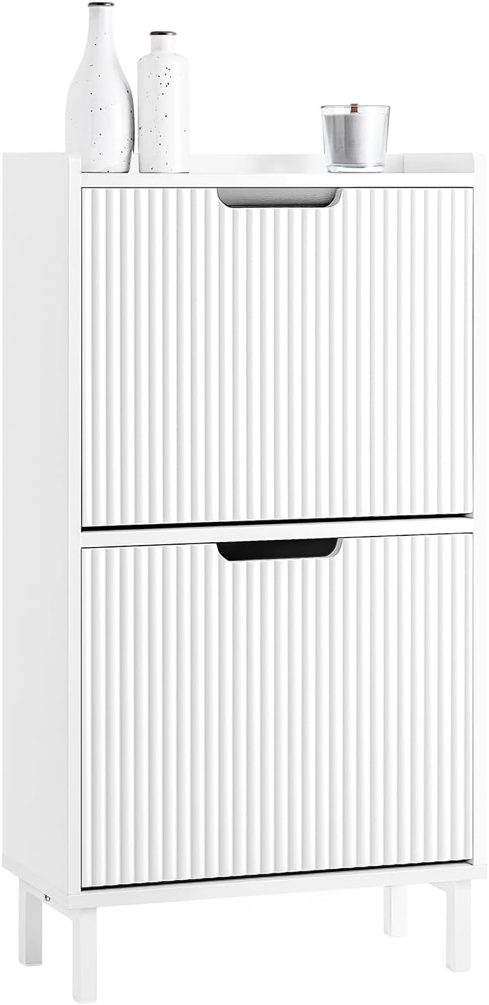 SoBuy Schuhschrank schmal mit 2 Klappen Platzsparender Schuhkipper Hoch Kommode Schuhregal geschlossen Flurschrank für Diele, Flur 50x90x19cm Weiß FSR177-W
