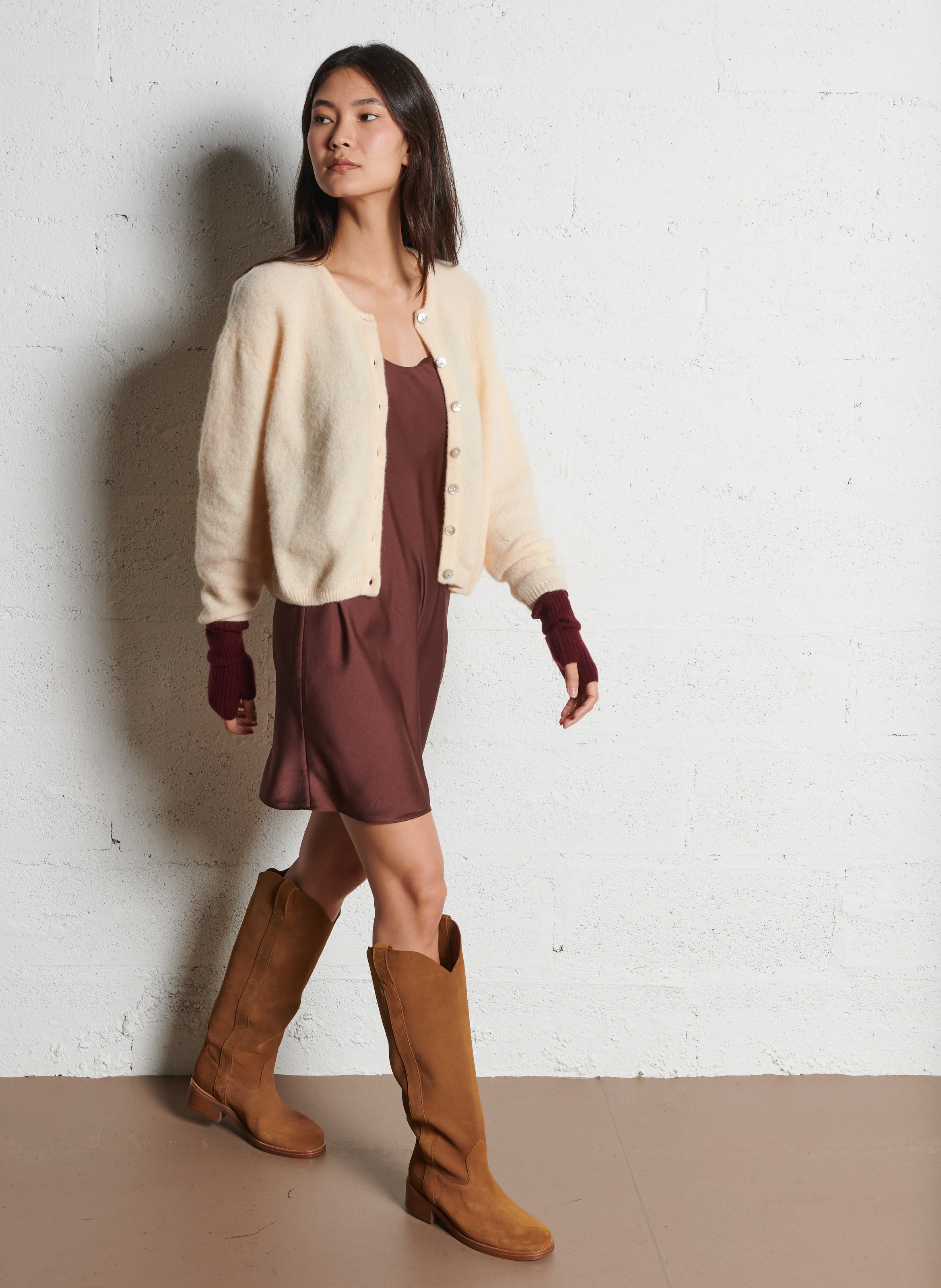 VITOW - Gilet ample col rond en laine mélangée| Beige