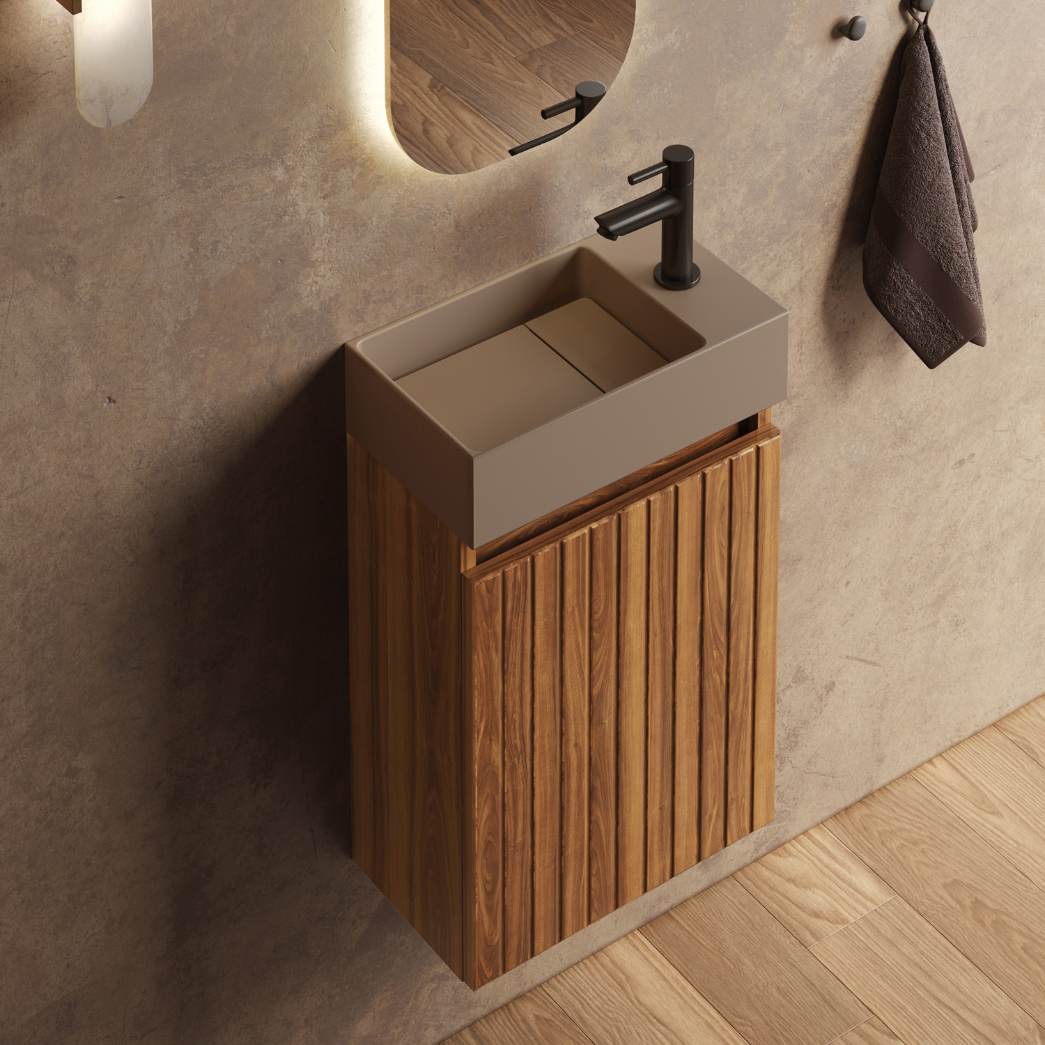 Fontana Itsie toiletmeubel walnoot ribbelfront 40cm met fontein in mat taupe