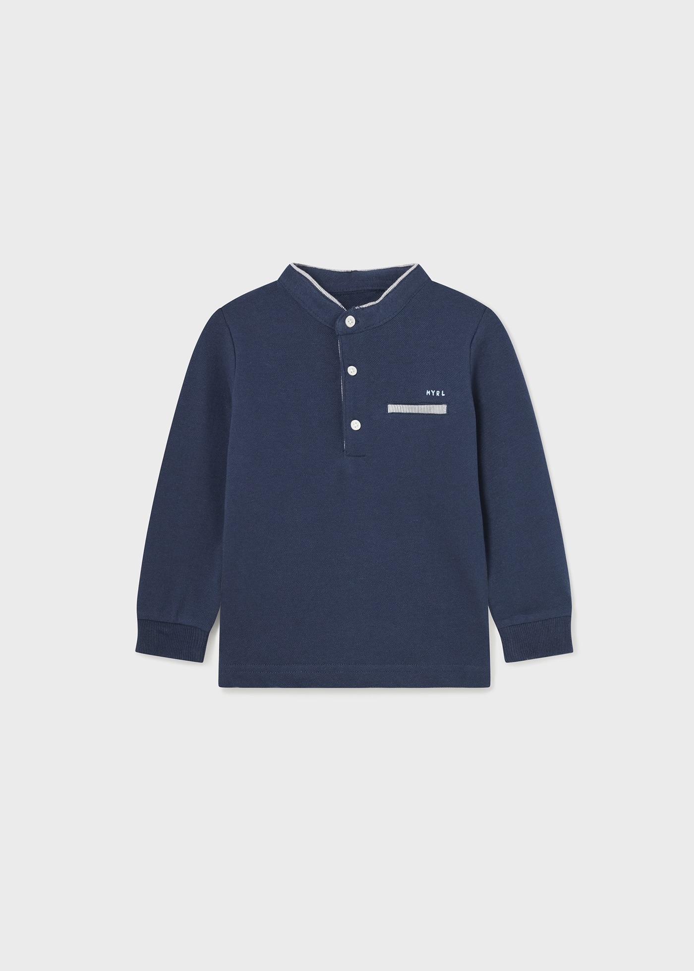 Camisa polo infantil de manga comprida com gola mandarim em algodão.