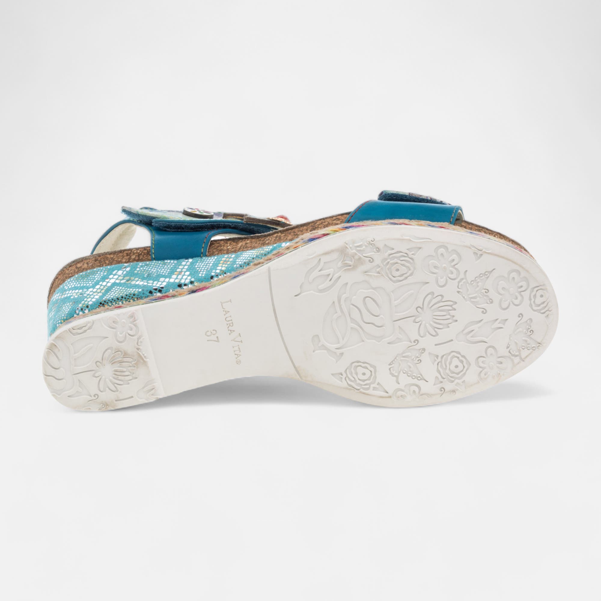 Sandales à talon compensé Femme en cuir turquoise