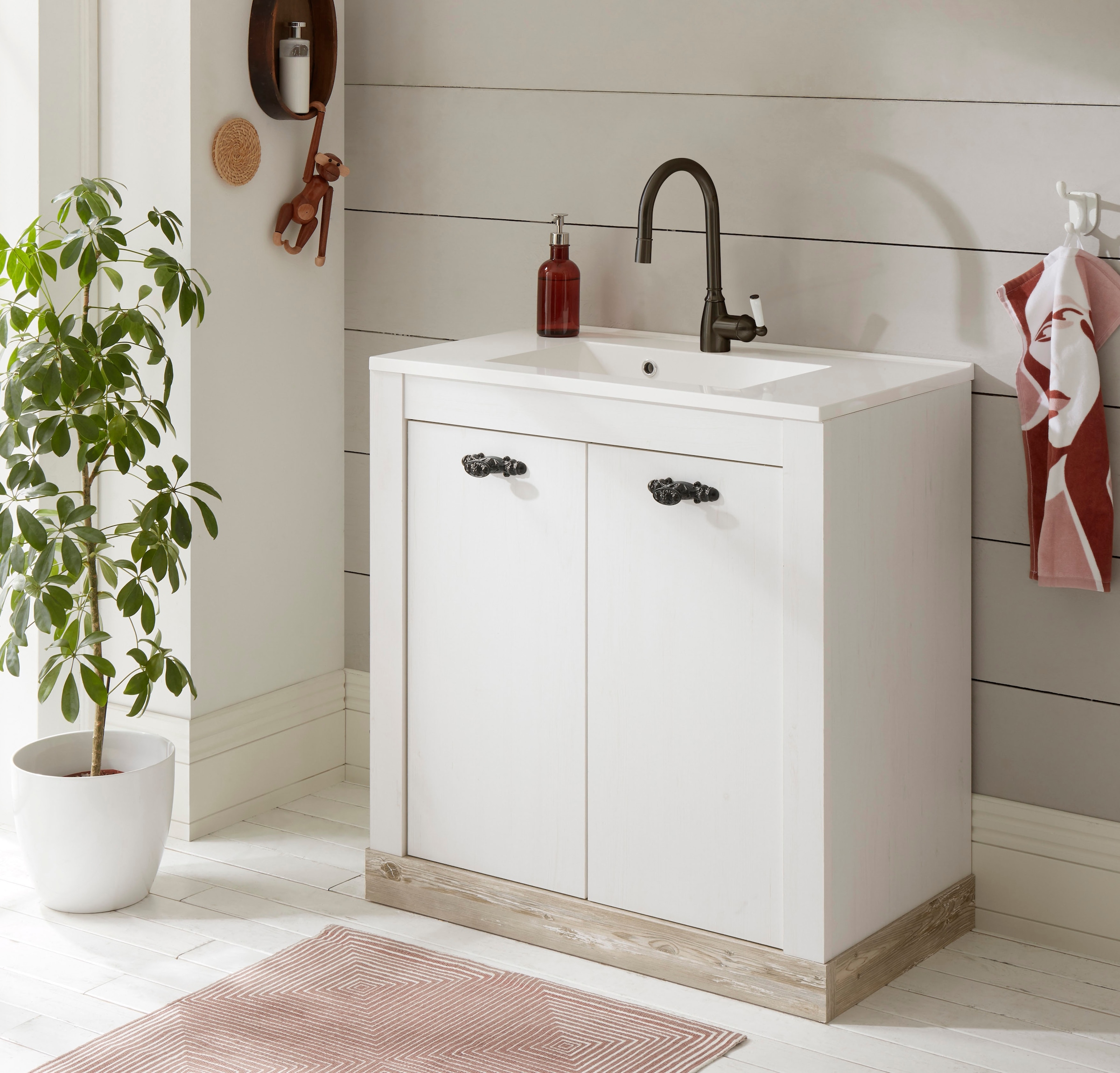 Home affaire Waschtisch »Florenz, Waschbeckenunterschrank inkl. Waschbecken, Metallgriffe« in Pinie Weiss, stehend, Breite 82 cm, inkl. Mineralgussbecken