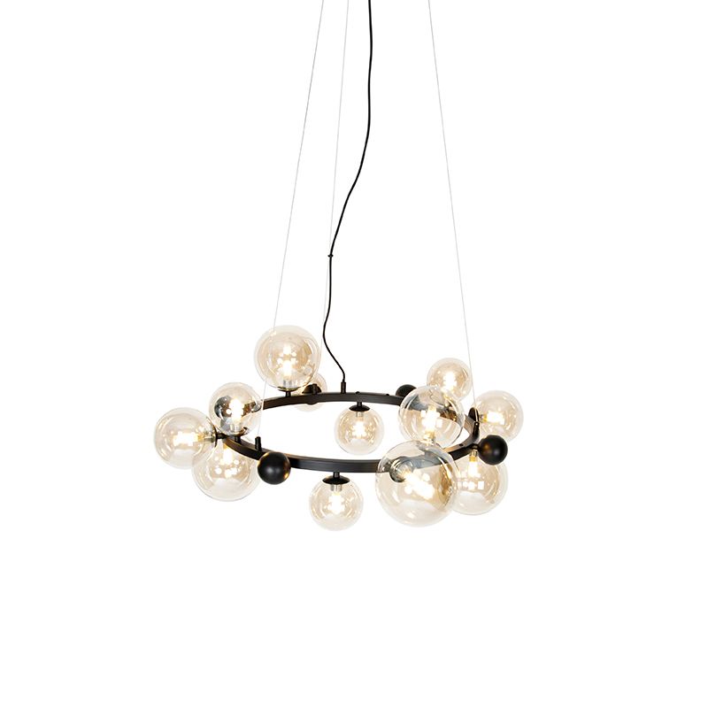 Smart hanglamp zwart met amber glas 12-lichts incl. 12 Wifi G9 - David