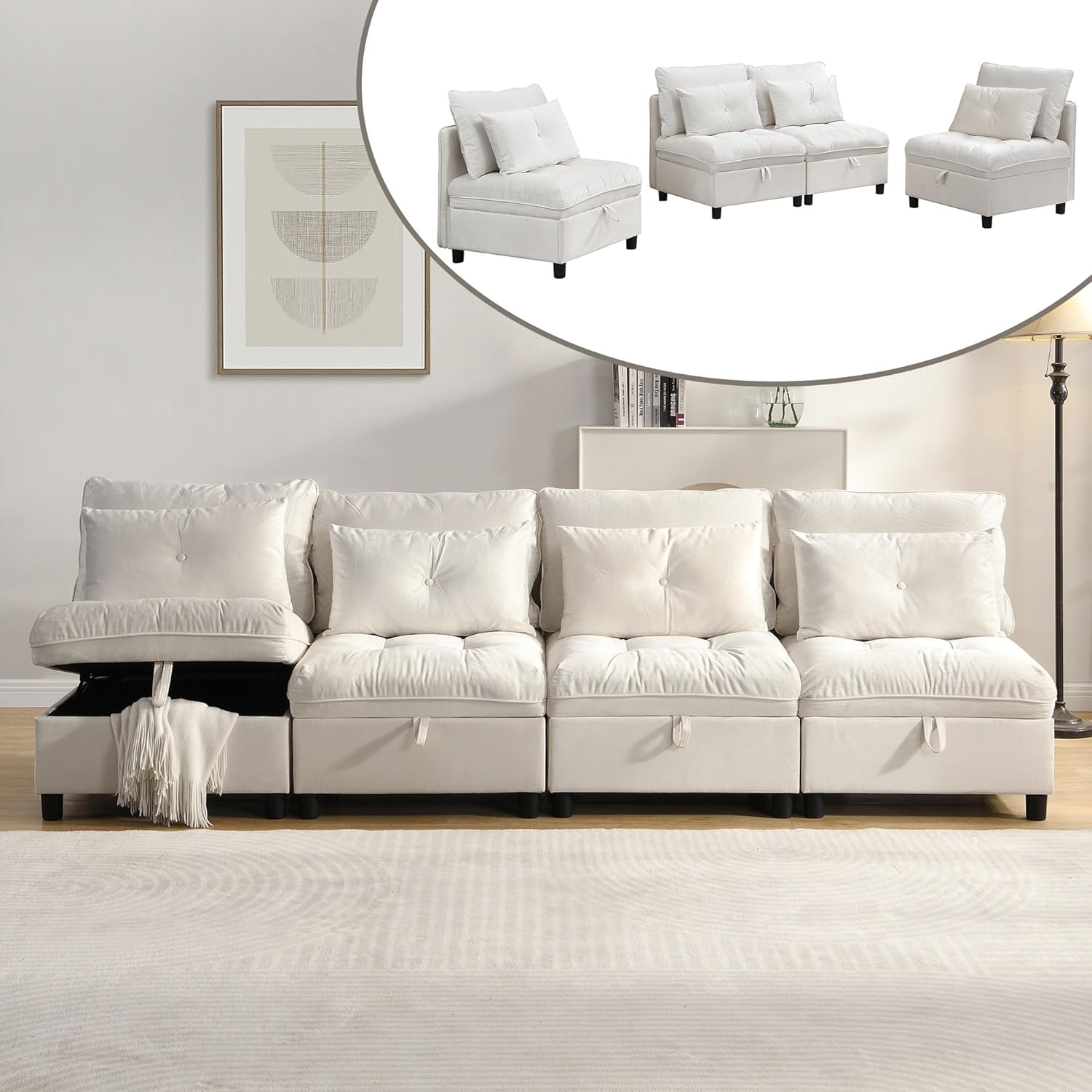 4-Sitzer Modulares Trennbares Sofaset: Frei kombinierbar+Stauraum unter Allen Sitzkissen+Schlaffunktion+Chenille-Bezug, Wohnzimmer-Sofabett-Kombinatio, Beige
