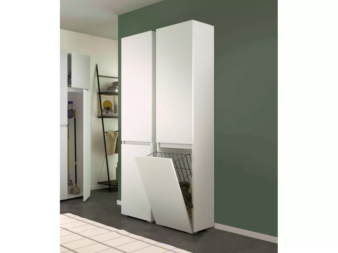 Dasteggian armoire polyvalente 2 portes, buanderie 2 portes, colonne de salle de bain avec panier à linge, 100% Made in Italy, 45x37h195 cm, Blanc