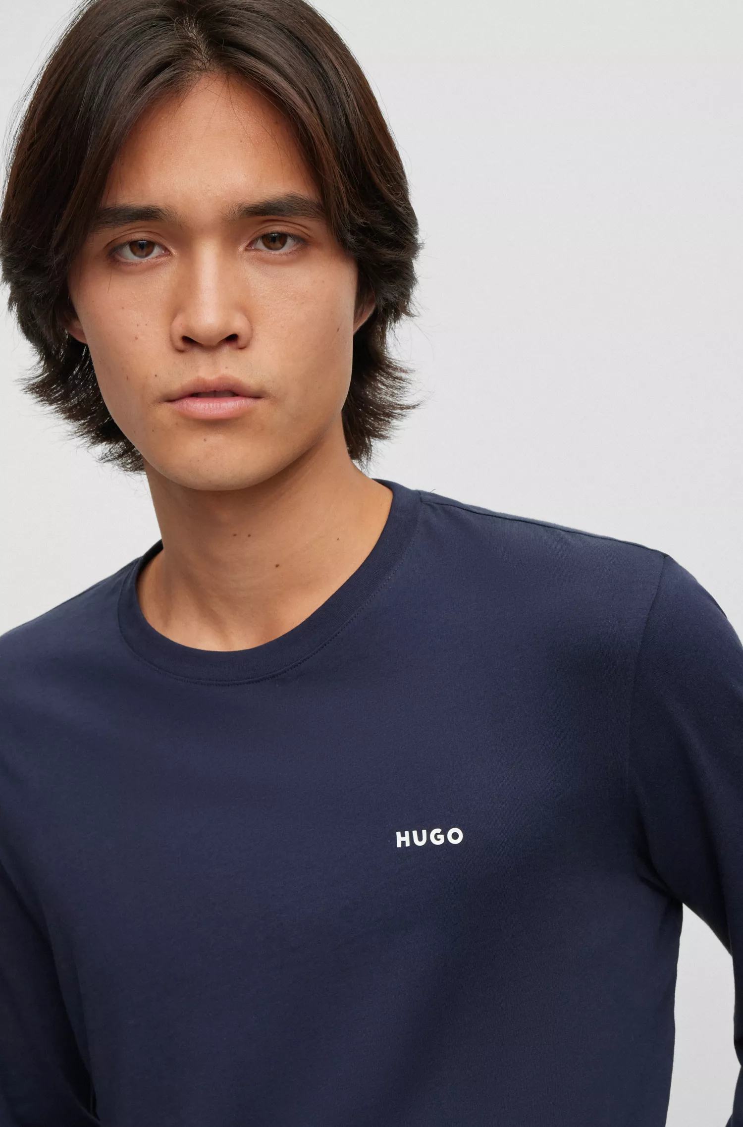 Camiseta HUGO vermelha de manga comprida em malha de algodão com estampa do logotipo