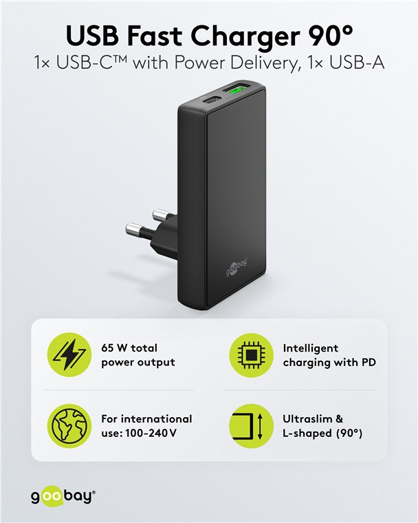 (65W) Dual 90° Flat USB C / USB A GaN Ladegerät Netzteil Power Delivery Quick Charge (75723) - Schwarz