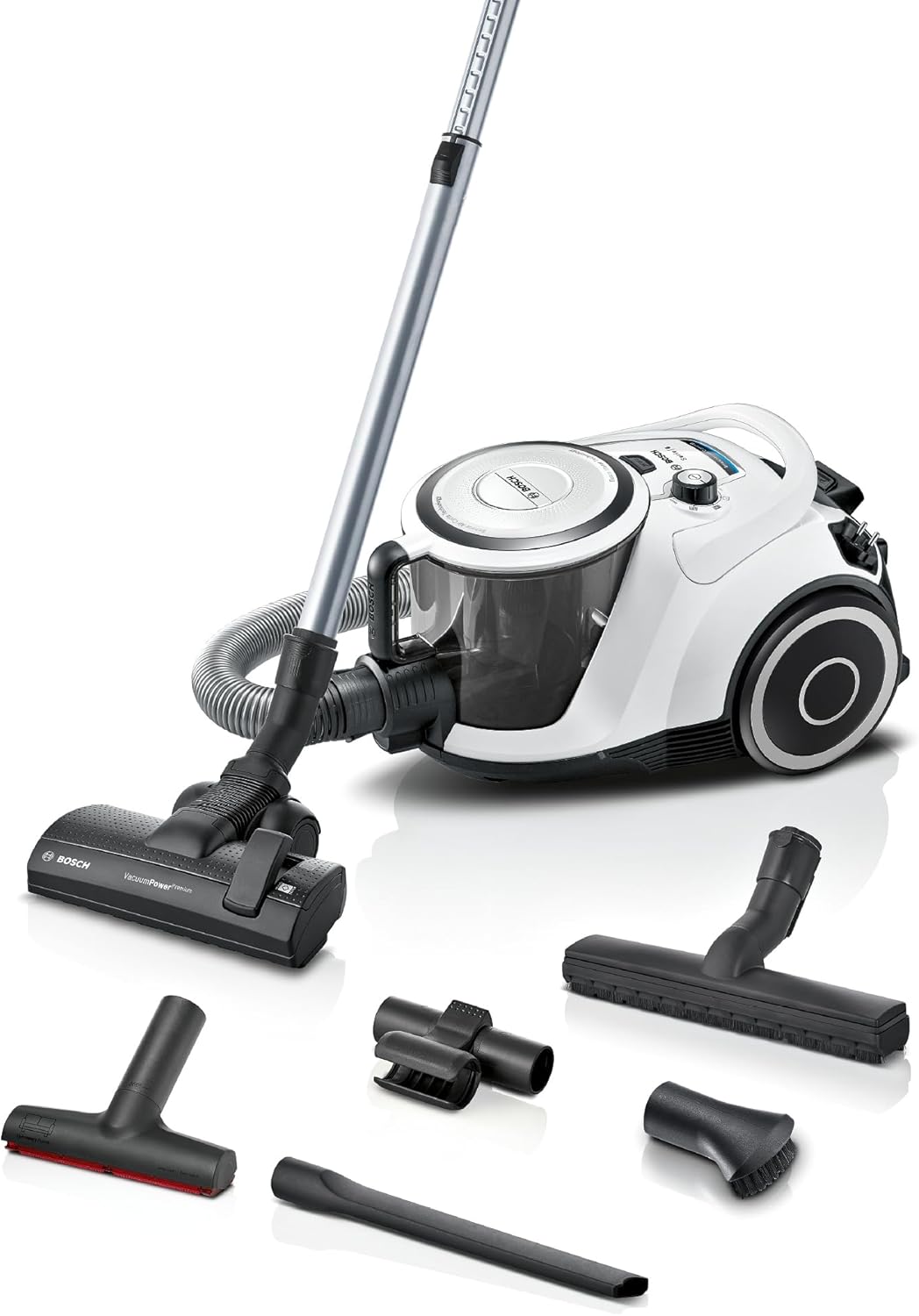 Bosch Staubsauger beutellos Serie 6 BGC41XALL, Bodenstaubsauger, Testsieger, ideal für Allergiker, Hygiene-Filter, Hartbodendüse, XXL-Polsterdüse, hohe Saugleistung, leise, 700 W, weiß