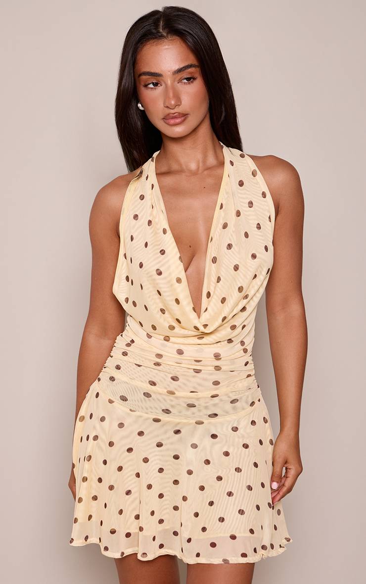 Jaune Mini Robe Droite À Pois Avec Encolure Américaine