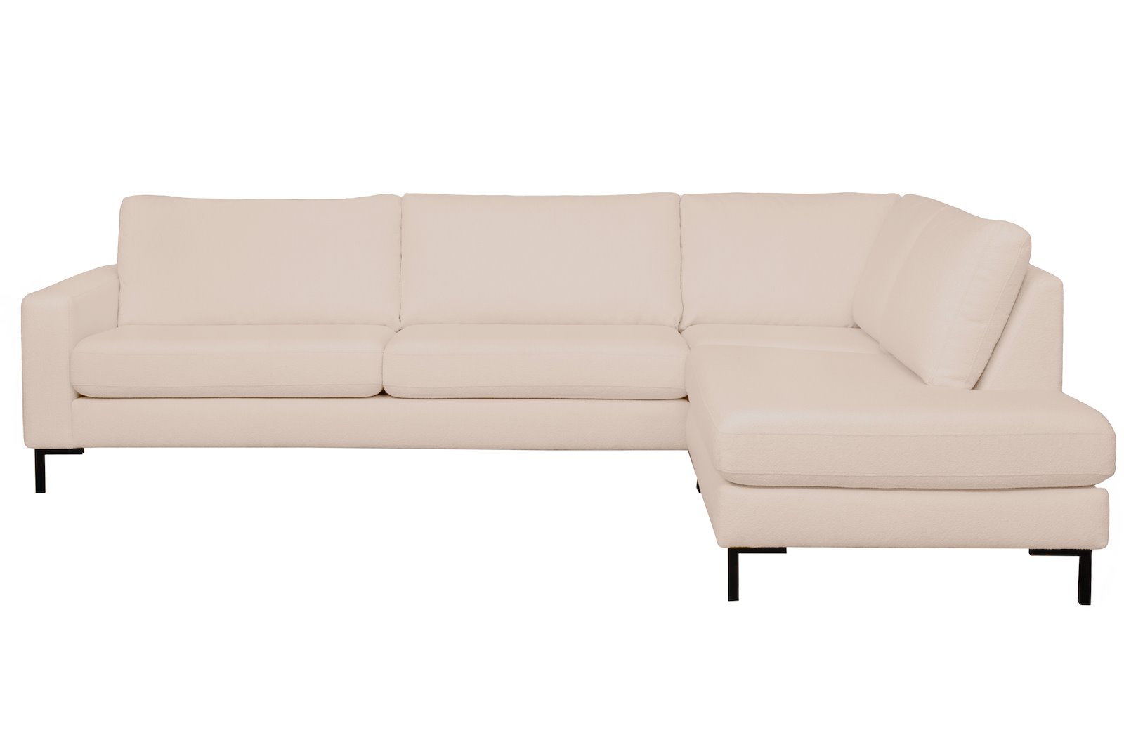 Pixel hjørnesofa 3-seter med åpen ende høyre. I tekstil Niva BP01-02 Beige. Høy front, sorte stålben M01 og arm A15. Komfort 1.