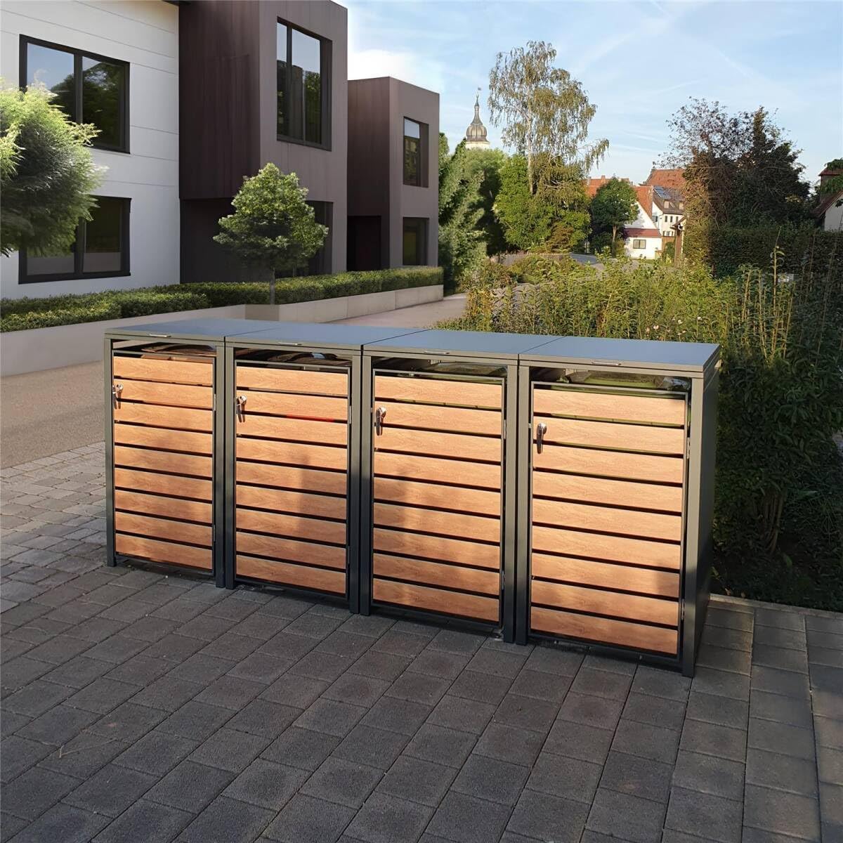 Metzler Mülltonnenbox in Anthrazit & Holzoptik 4er 240L, Mülltonnenverkleidung 4 Tonnen, witterungsbeständiger und pulverbeschichteter Stahl mit Automatikdeckel, abschließbar, Garten- und Müllbox