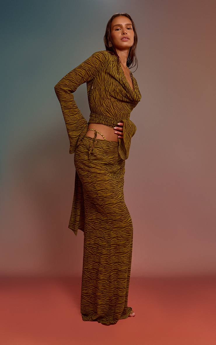 Vert Olive Jupe Longue Taille Basse En Mousseline Imprimée