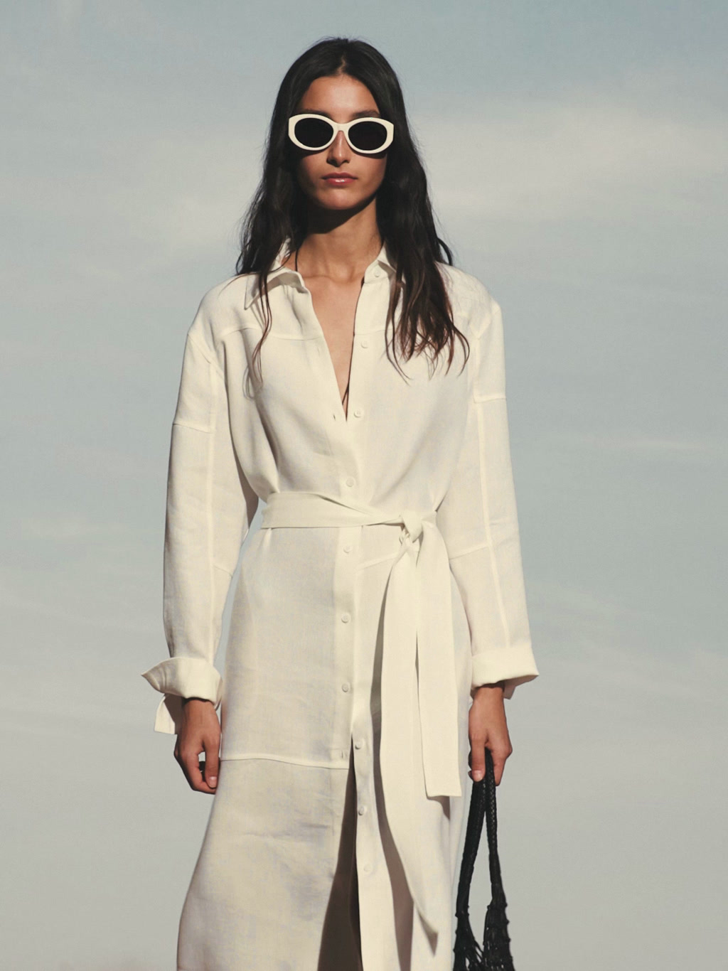 Vestido camisa com costuras em linho - BRANCO