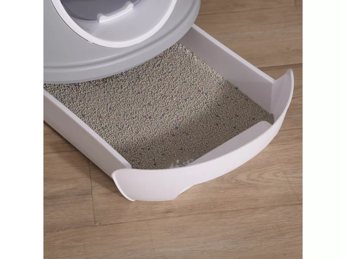 Maison de toilette portable pour chat tiroir à litière coulissant porte battante lucarne + pelle fournis dim. 47L x 55l x 44H cm gris