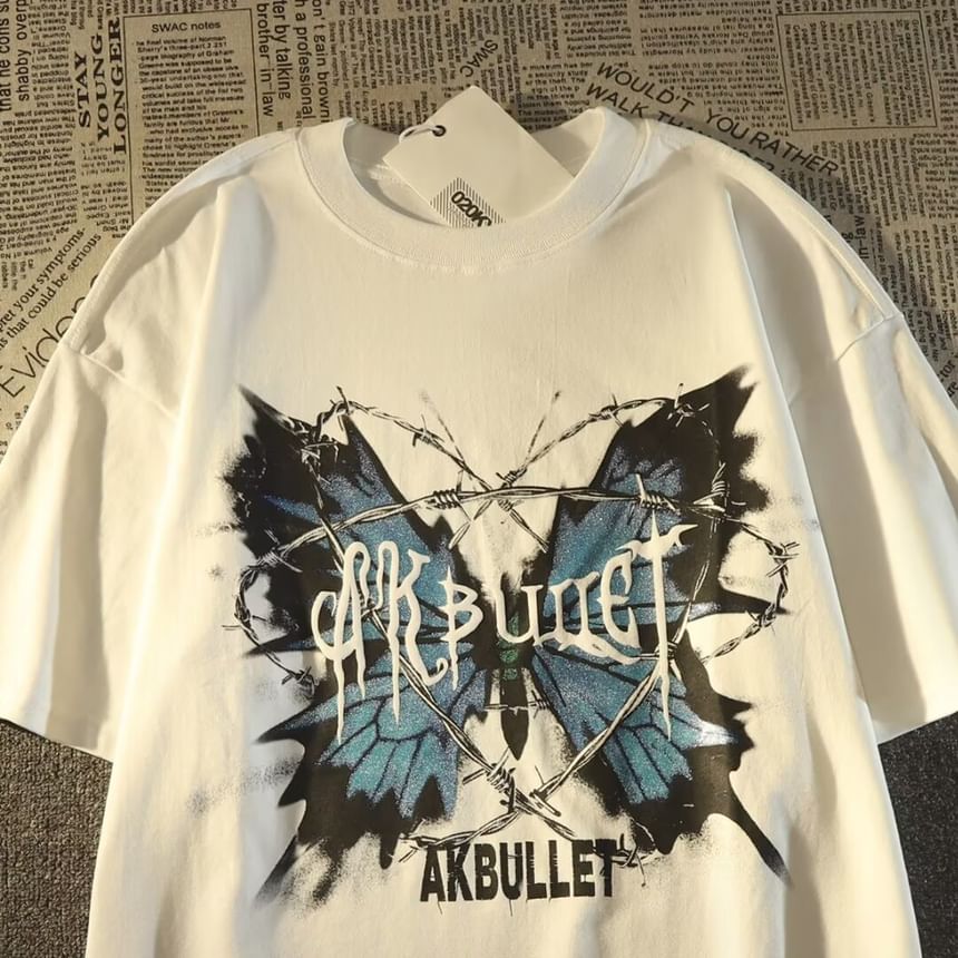 Bay Go Mall - T-shirt met ronde hals en vlinderprint, met elleboogmouwen