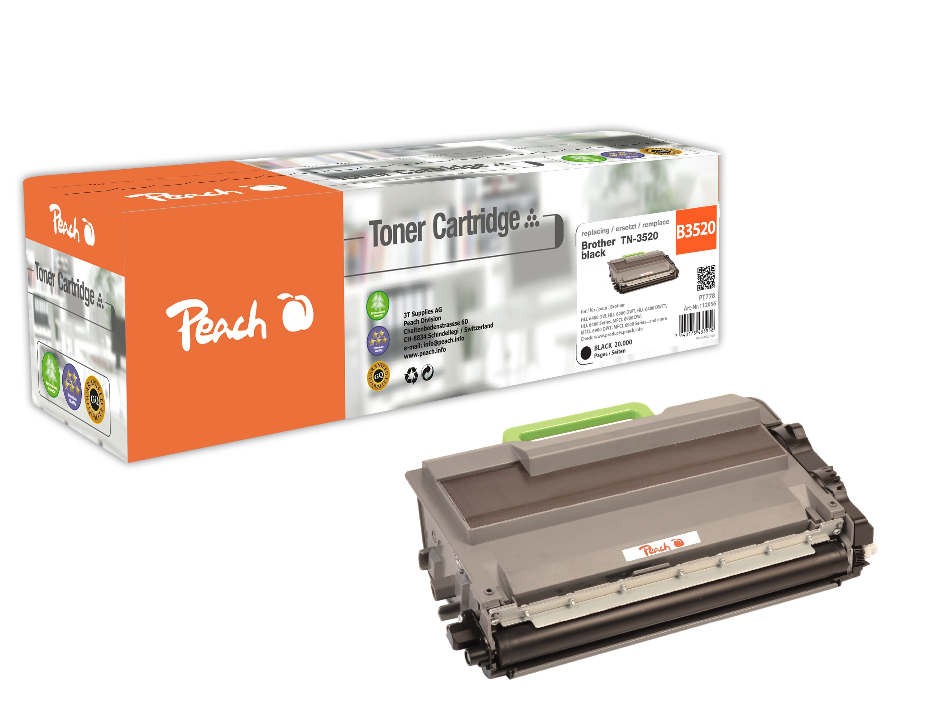 Peach B3520Toner XL bk ersetzt Brother TN-3520 für z.B. Brother HLL 6400 DW, Brother HLL 6400 DWT, Brother HLL 6400 DWTT, Brother MFCL 6900 DW (wiederaufbereitet)