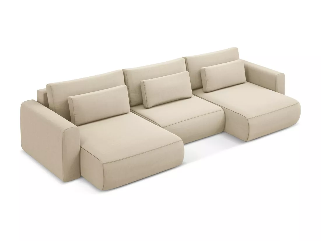 Canapé d'angle panoramique convertible en velours - beige clair - KAPUA