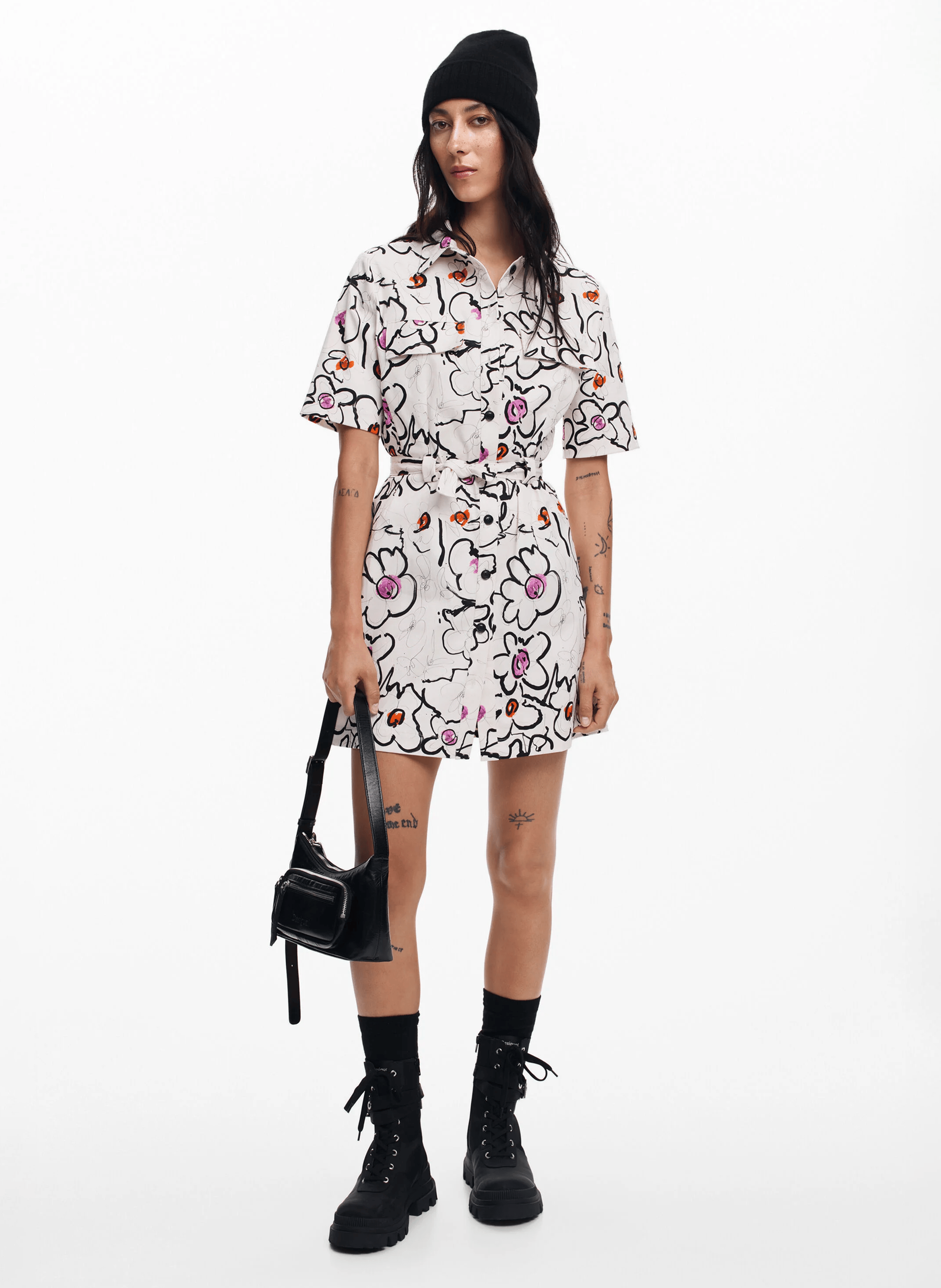 Robe chemise courte imprimée en coton mélangé | Blanc