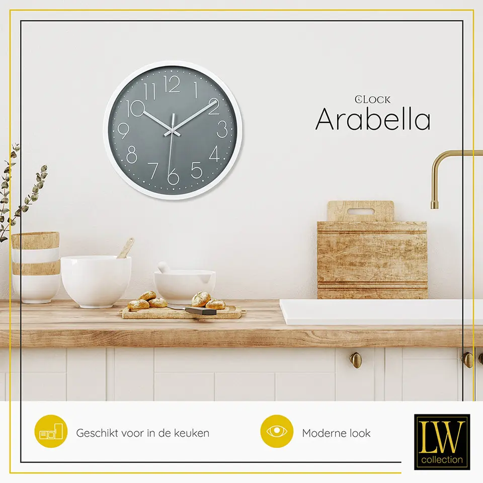 LW Collection Keukenklok Arabella grijs 30cm