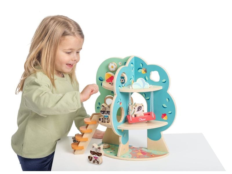 Chicco Steckspiel My Wood Friends Der Waschbär Baum Lernspielzeug aus Holz mit Tierfiguren und Formen